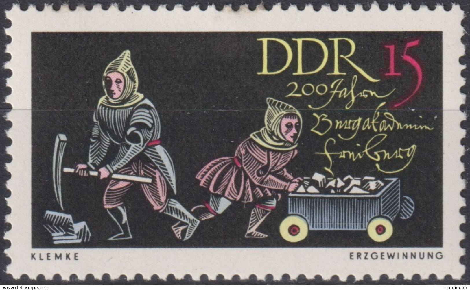 1965 DDR, ** Mi:DD 1143, Yt:DD 843, Erzgewinnung, 200 Jahre Bergakademie Freiburg - Minerales