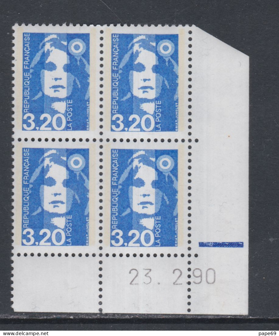 France N° 2623 XX Marianne De Briat 3 F. 20 Bleu En Bloc De 4 Coin Daté Du 23 - 2 - 90 ; 1 Barre; Sans Charnière, TB - 1980-1989