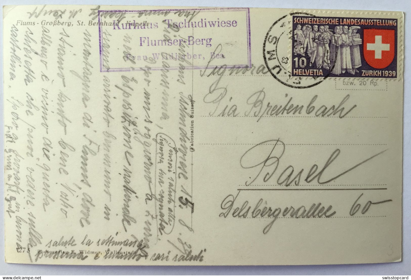 FLUMS-GROSSBERG St. Bernhard Gel. 1939 Stempel Kurhaus Tschudiwiese - Flums