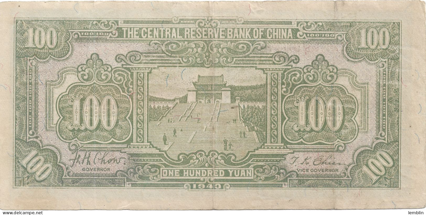 CHINE - 100 YUAN CENTRAL RESERVE BANK OF CHINA 1945 - Chine