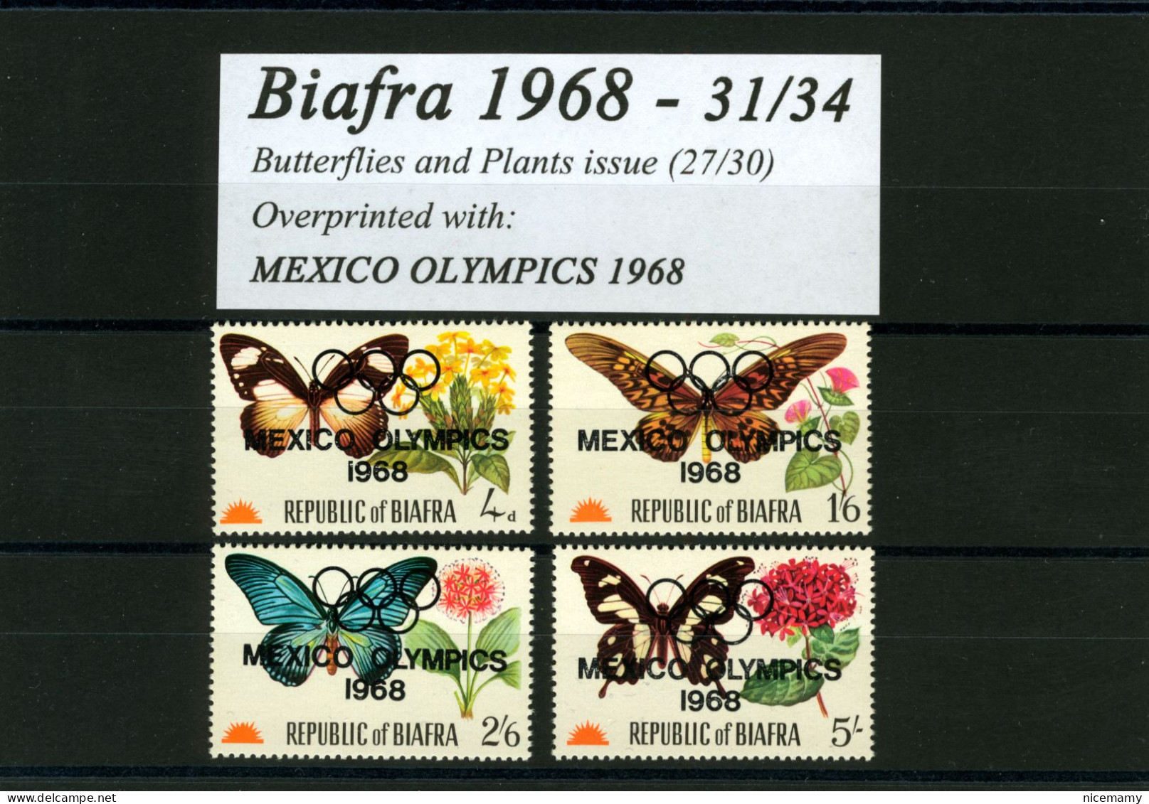 BIAFRA / NIGERIA 1968 MNH** BUTTERFLIES AND PLANTS SET OVERPRINT MEXICO OLYMPICS GAMES 1968 31/34 - Nigeria (1961-...)