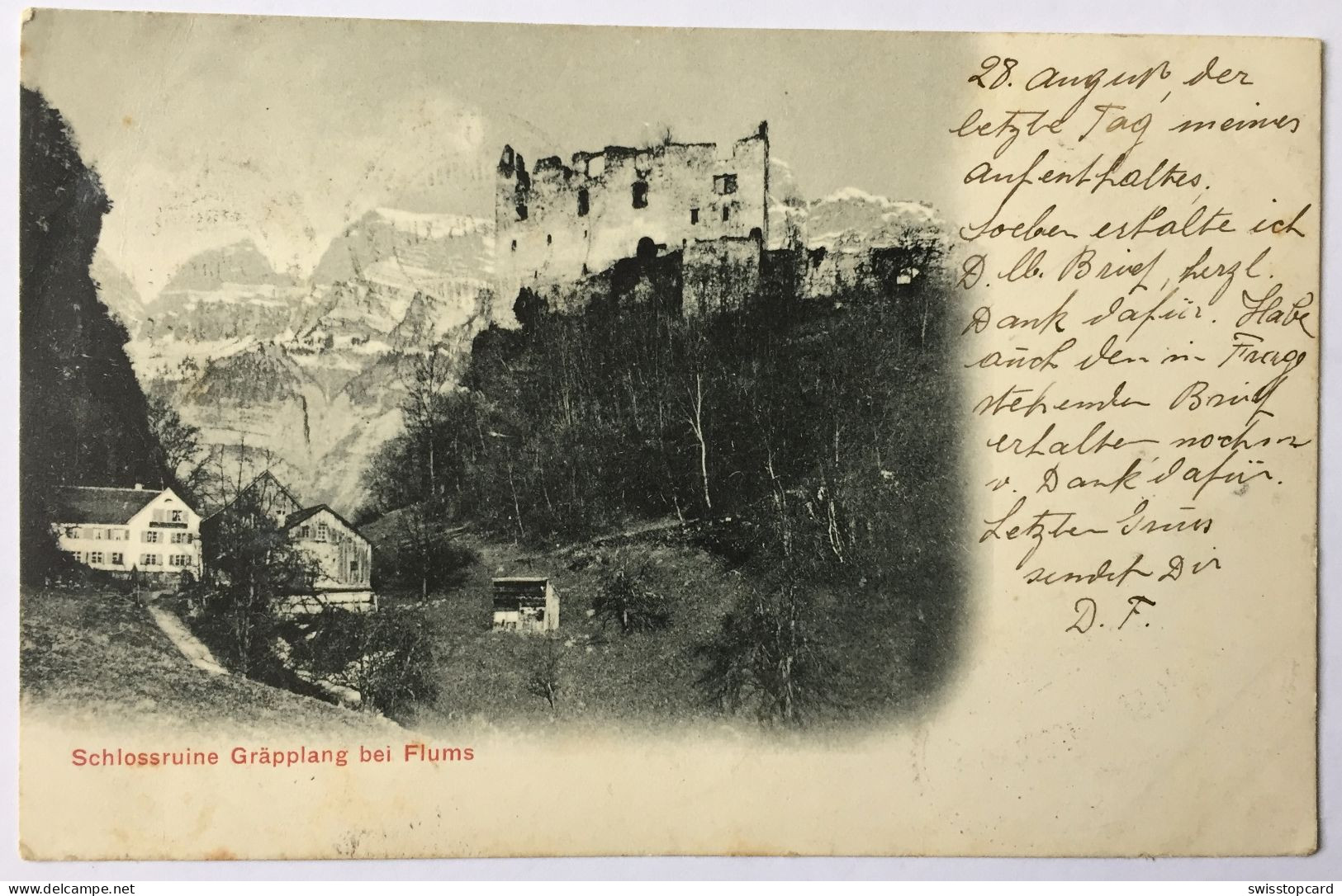 FLUMS Schlossruine Gräpplang Gel. 1905  N. Aarau, Rasierklingenstempel Aarau, Stempel Kurhaus Gamperdon - Flums