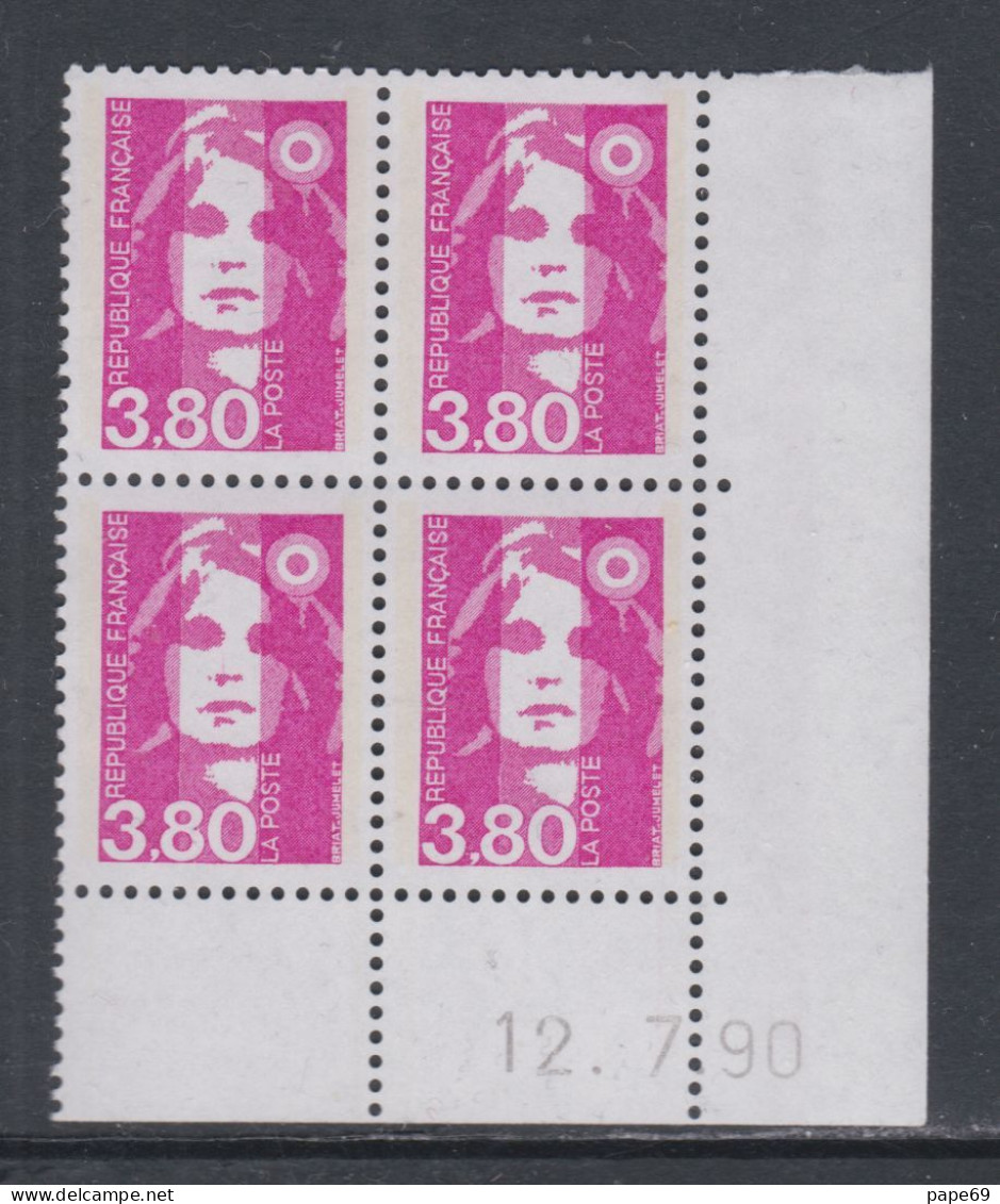 France N° 2624 XX Marianne De Briat 3 F. 80 Rose En Bloc De 4 Coin Daté Du 12 - 7 - 90 ; Sans Charnière, TB - 1980-1989