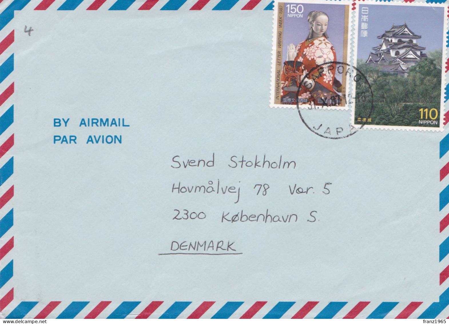 From Japan To Denmark - 1987 - Storia Postale