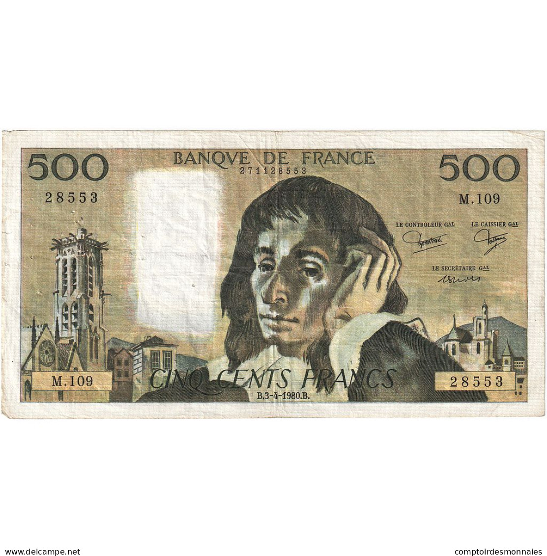France, 500 Francs, Pascal, 1980, M.109, TTB, Fayette:71.21, KM:156e - 500 F 1968-1993 ''Pascal''