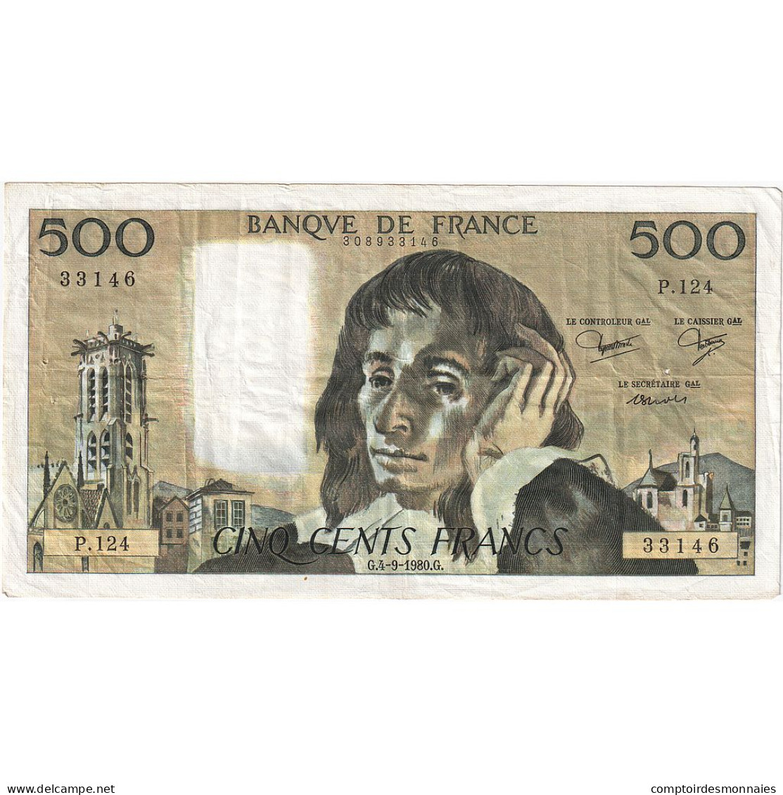 France, 500 Francs, Pascal, 1980, P.124, TTB, Fayette:71.22, KM:156e - 500 F 1968-1993 ''Pascal''