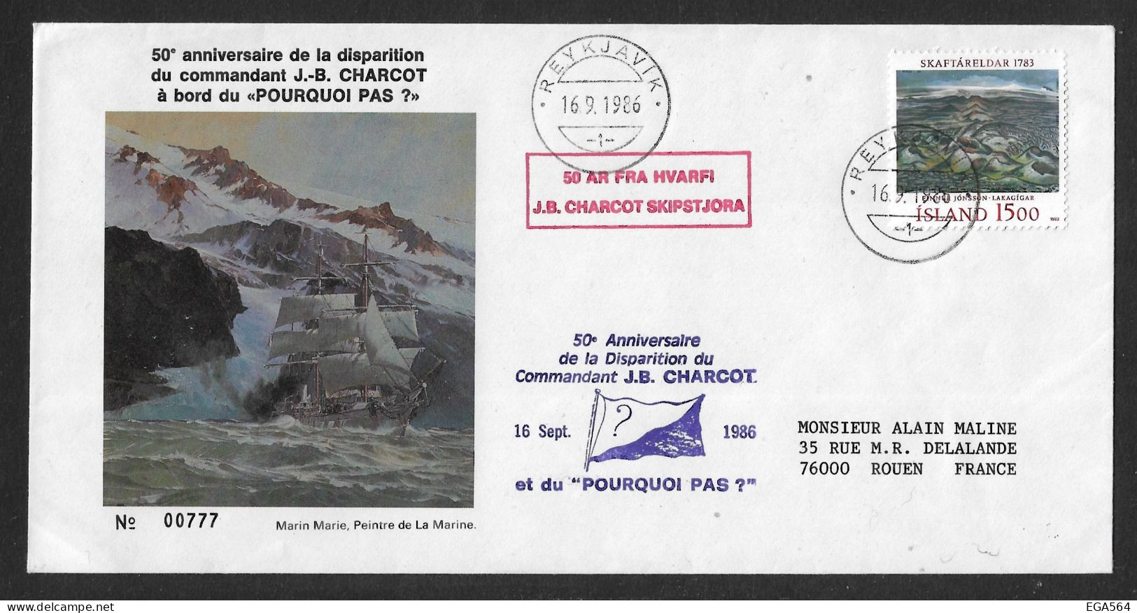 95 -Y&T 555 ISLANDE - REYKJAVIK Du 16.9.1986 Sur Pli Illustrée MARIN MARIE 50ème Anniversaire Disparition De CHARCOT. - Expéditions Arctiques