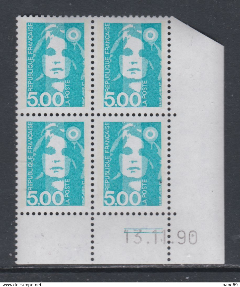 France N° 2625 XX Marianne  Briat 5 F. Bleu-vert En Bloc De 4 Coin Daté Du 13 - 11 - 90 ; 2 Traits ; Sans Charnière, TB - 1980-1989