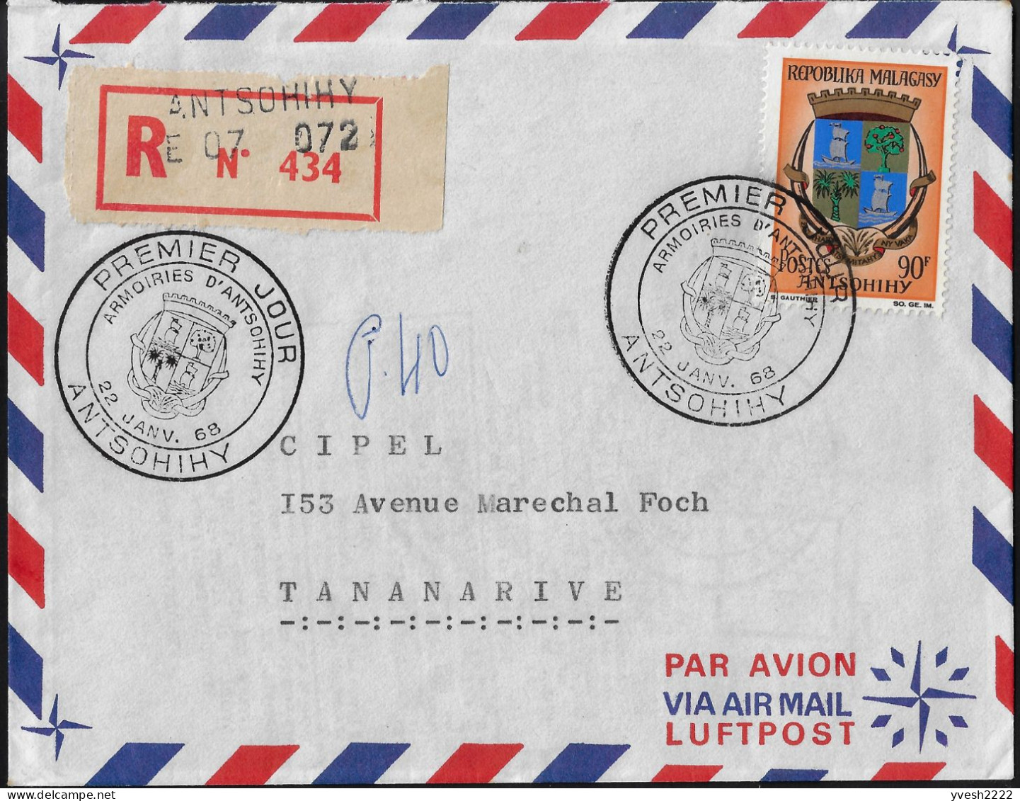 Madagascar 1968 Y&T 440 Sur Enveloppe 1er Jour, Envoi Recommandé Antsohihy à Tana. Armoiries D'Antsohihy. Superbe - Covers