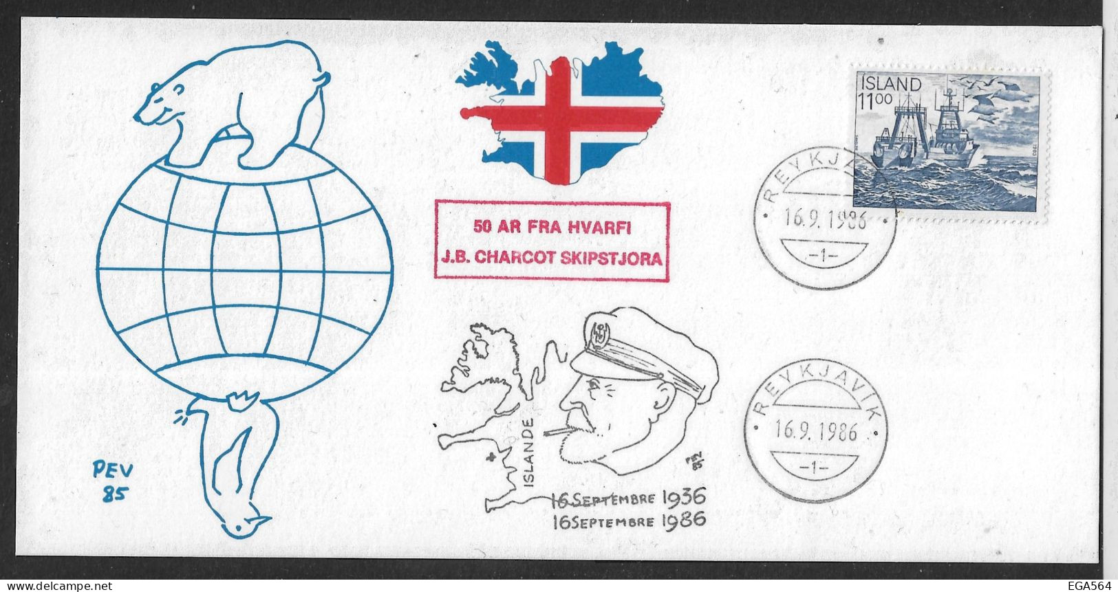 95-Y&T553. Islande-Carte Postale Illustrée 2 Cachets PEV Du 16.9.1986-50è Anniversaire De La Disparition De J.B.Charcot. - Expéditions Arctiques