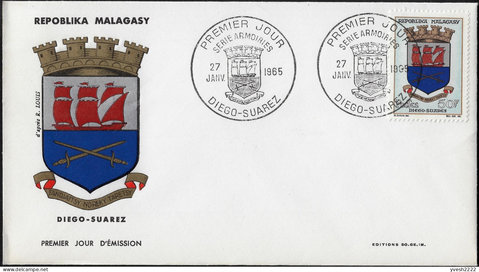 Madagascar 1965 Y&T 392A Sur Enveloppe 1er Jour. Armoiries De Diego-Suarez. Voilier - Covers