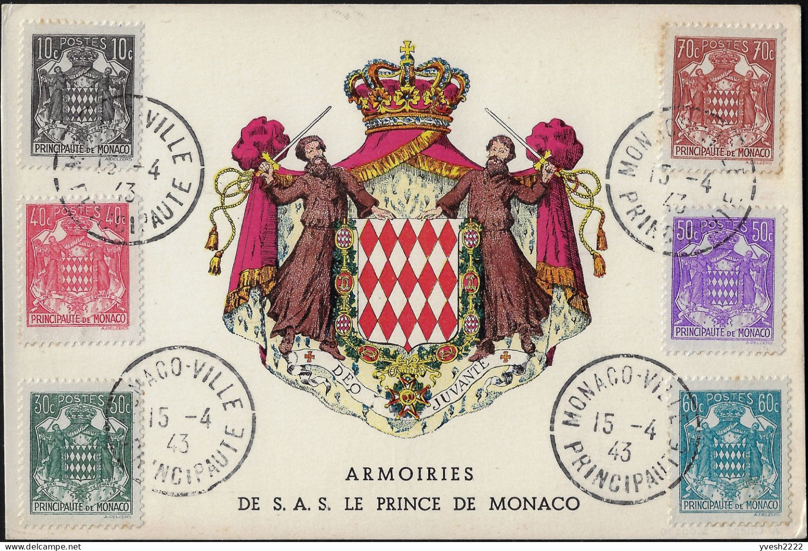 Monaco 1943 Y&T 249 à 254 Sur Carte Maximum. Armoiries Du Prince De Monaco - Briefe U. Dokumente
