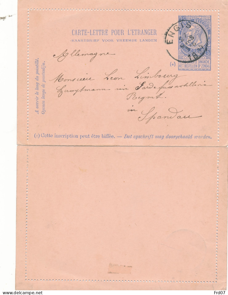 Carte Lettre 2 Pour L’étranger 20 Cent – Engis 27 Mars 1894 Vers Spandau – Perforation B  - Postbladen