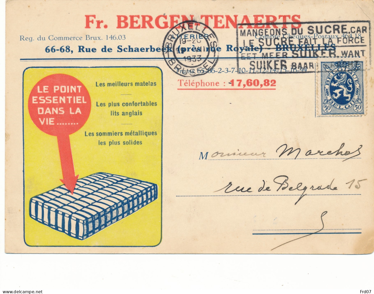 285 Sur Carte – Publicité Fr Bergen_Tenaerts Matelas, Lits Anglais – Bruxelles 1933 - 1929-1937 Leone Araldico