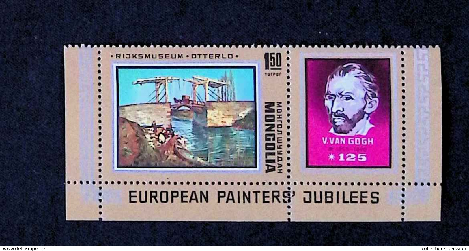 CL, Bloc 1 Timbre, 1 Vignette, Mongolia, European Pinters' Jubilees, V. Van Gogh, Rijksmuseum, Otterlo - Mongolie