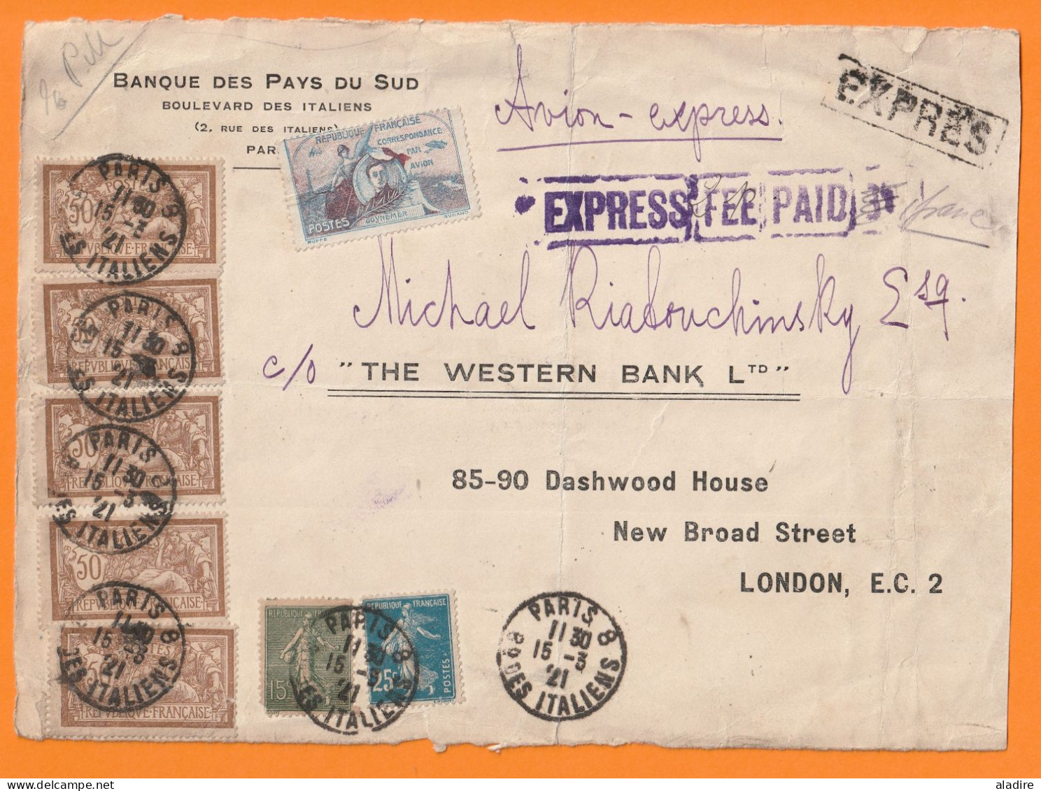 Précurseur - 1921 - Devant D'enveloppe PAR AVION  EXPRESS De Paris à Londres London, Angleterre, England - Sonstige & Ohne Zuordnung