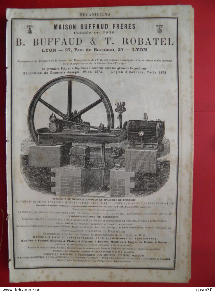 PUB 1884 - Mécanique B Buffaud & Robatel Rue Baraban 69 Lyon, Brisseau 44 Nantes - Publicités