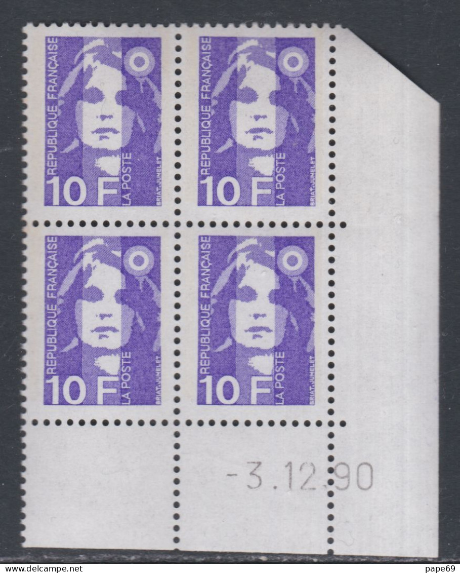 France N° 2626 XX Marianne  Briat 10 F. Violet En Bloc De 4 Coin Daté Du 3 - 12 - 90 ;   Sans Charnière, TB - 1980-1989