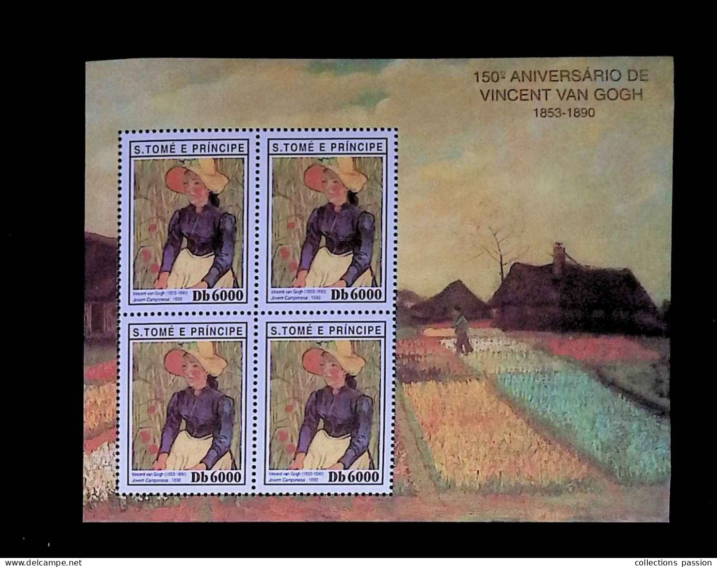 CL, Bloc-feuillet 4 Timbres, Sao Tomè E Principe, 150 E Aniversario De Vincent Van Gogh, Joven Camponesa, Neuf - Sao Tomé Y Príncipe