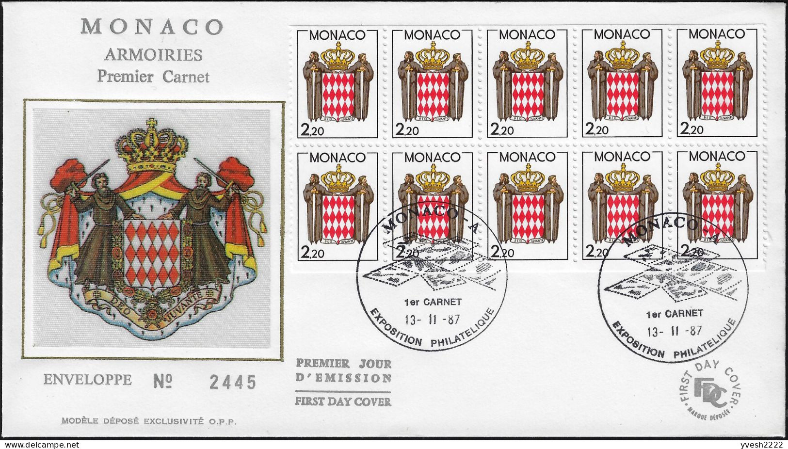 Monaco 1987 Y&T 1613 Sur Enveloppe Premier Jour. Panneau De Carnet. Armoiries Stylisées - Covers