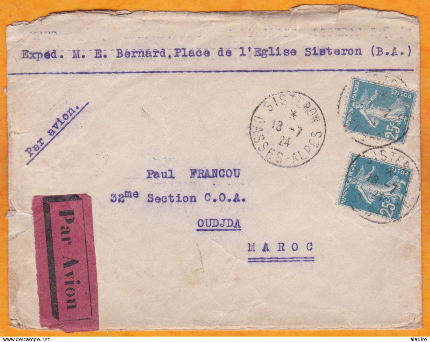 1924 - Enveloppe Par Avion Précurseur - Ligne Toulouse Casablanca - De Sisteron Vers Oudja Oujda, Maroc - Andere & Zonder Classificatie