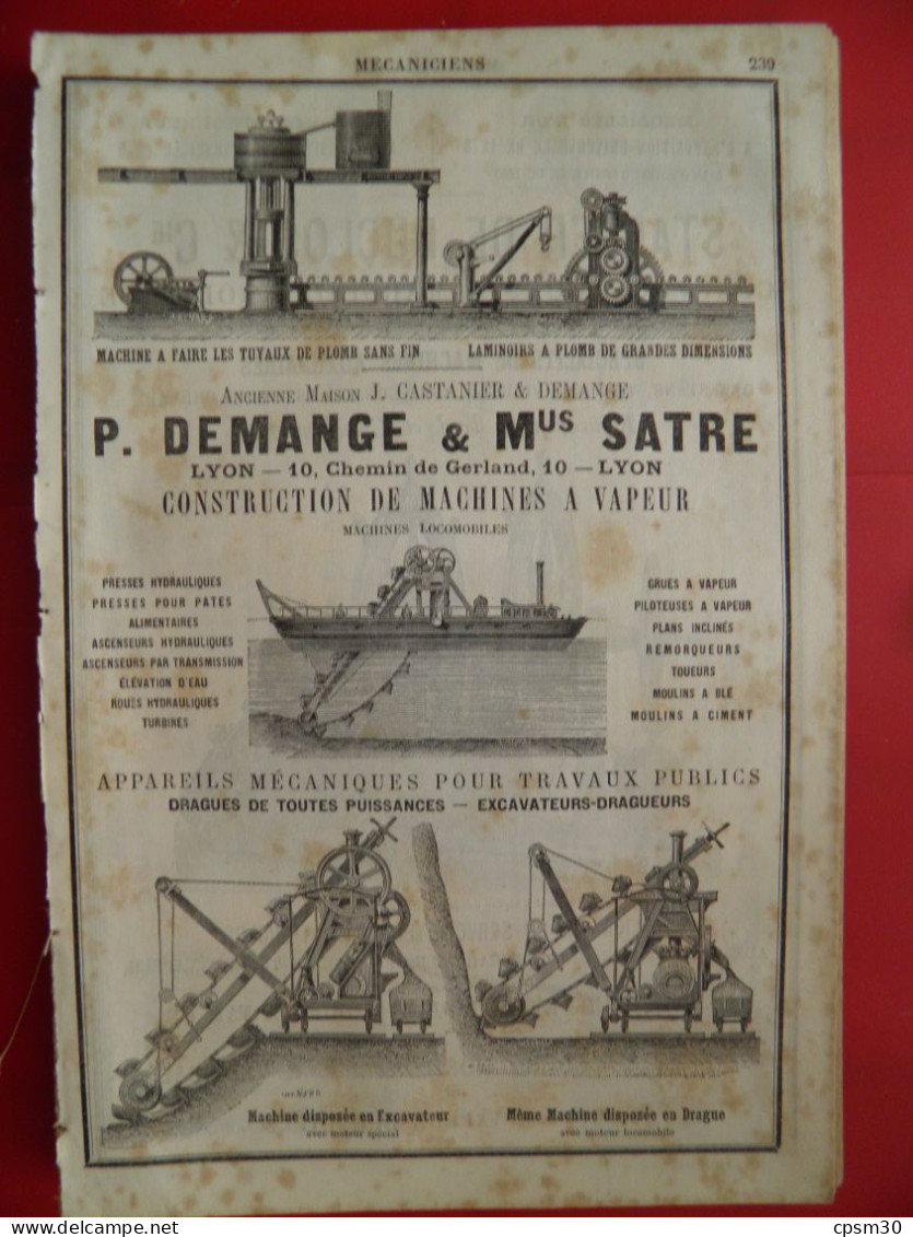 PUB 1884 - Mécanique Tuyau Plomb Drague Excavateur Ch De Gerland 69 Lyon, Machines Stapfer De Duclos 13 Marseille-Joliet - Publicités