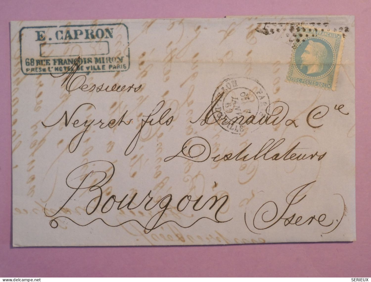 DK 21 FRANCE BELLE  LETTRE 1869  +ETOILE DE PARIS HOTEL DE VILLE A BOURGOIN   ++ ++N°29 +++  AFF. INTERESSANT +++ + - 1849-1876: Klassieke Periode