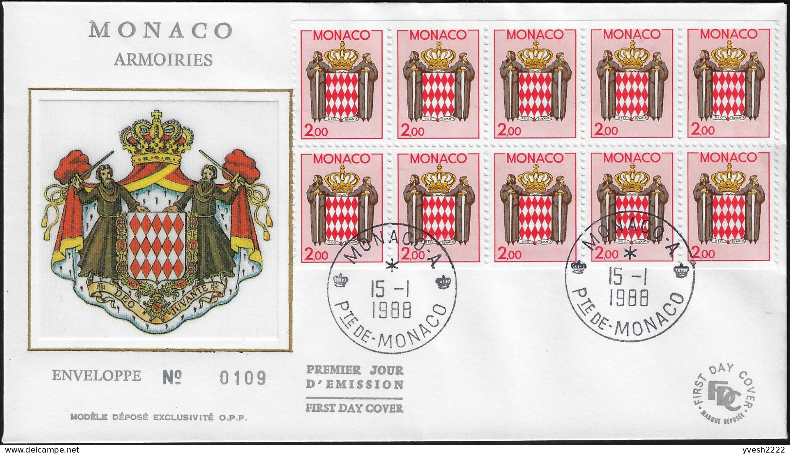 Monaco 1988 Y&T 1623 Sur Enveloppe Premier Jour. Panneau De Carnet. Armoiries Stylisées - Enveloppes