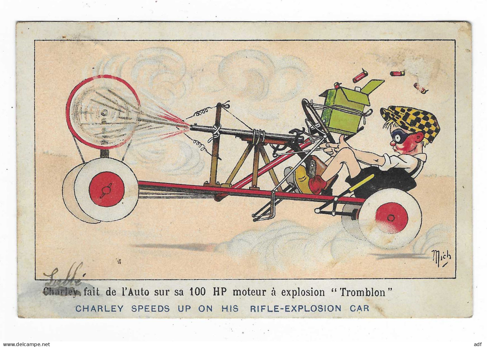 CPA ILLUSTRATION ILLUSTRATEUR MICH, CHARLEY FAIT DE L'AUTO SUR SA 100 HP MOTEUR A EXPLOSION " TROMBLON ", AUTOMOBILE - Mich