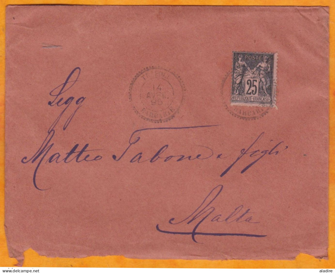 1895 - 25 C Sage Sur Enveloppe + Lettre En Italien De Tripoli, Barbarie Vers Malta Malte, GB - Cachet à Cercle Pointillé - Storia Postale