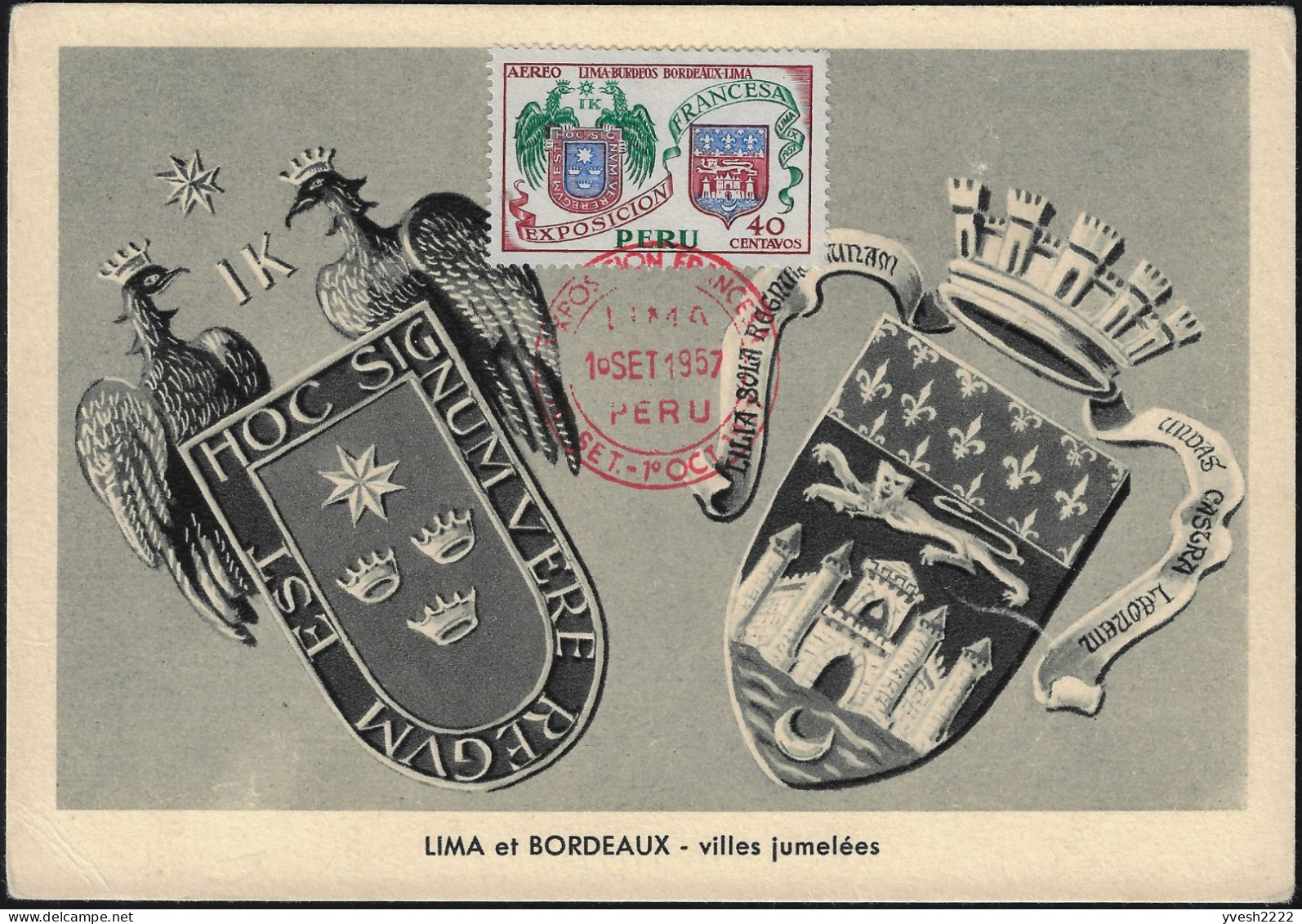 Pérou 1957 Y&T PA 121 Sur Carte Maximum. Armoiries De Lima Et De Bordeaux - Sobres