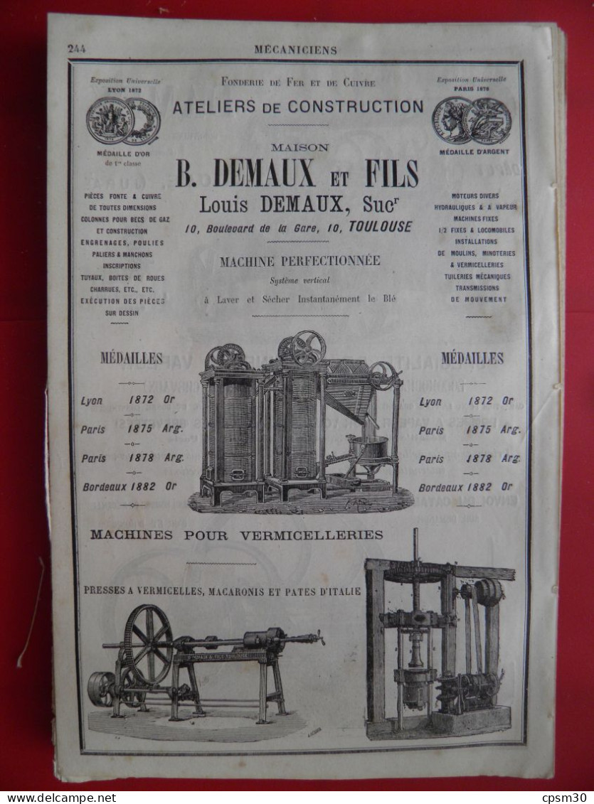 PUB 1884 - Machine Laver Sécher Le Blé B Demaux Bd De La Gare 33 Bordeaux, Locomobiles Damey 39 Dole - Publicités