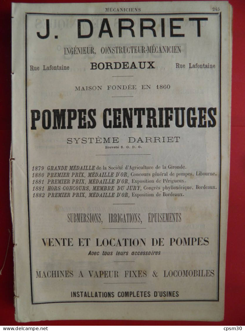 PUB 1884 - Machine Vapeur Locomobiles F Dietz Rue D'Espagne 33 Bordeaux, Pompes Centrifugeuse J Darriet 33 Bordeaux - Publicités