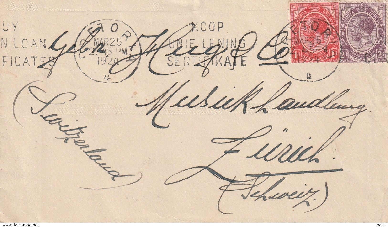 Afrique Du Sud Lettre Pretoria Pour La Suisse 1924 - Lettres & Documents