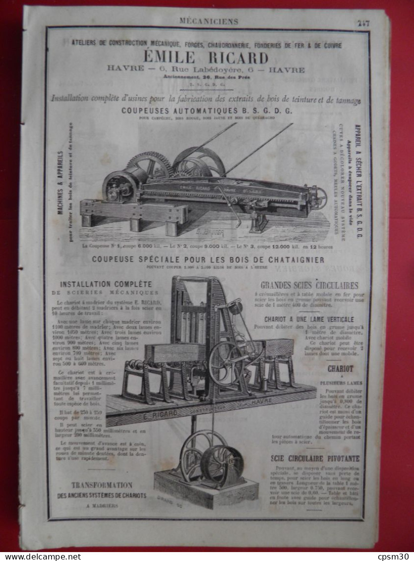 PUB 1884 - Installation Usine Machine Bois De Teinture & Tannage E Ricard 76 Le Havre, Atelier Construction L Lhomme 21 - Publicités