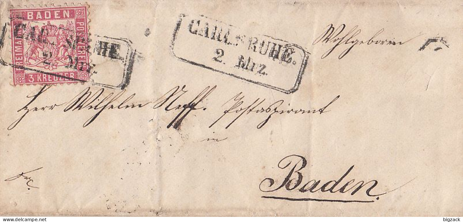Baden Brief EF Minr.18 R2 Carlsruhe 2.3. Gel. Nach Baden - Lettres & Documents