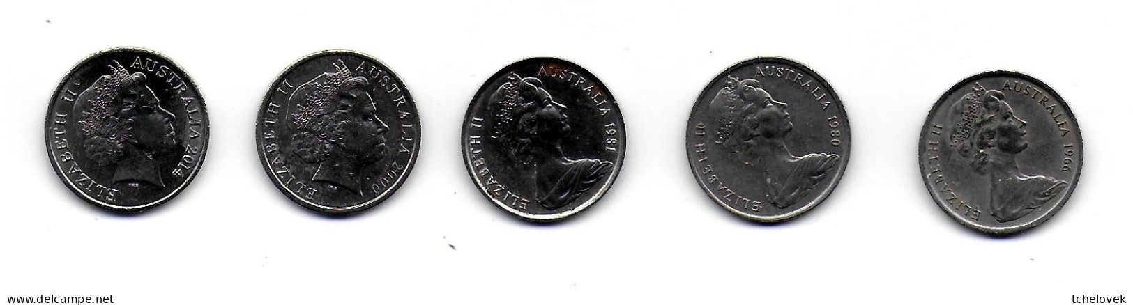 (Monnaies). Australie Australia 5 Cents Elisabeth II X 5. 1966, 1980, 1981, 2000, 2014 - Otros & Sin Clasificación