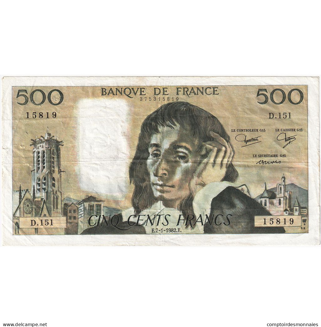 France, 500 Francs, Pascal, 1982, D.151, TTB, Fayette:71.26, KM:156e - 500 F 1968-1993 ''Pascal''