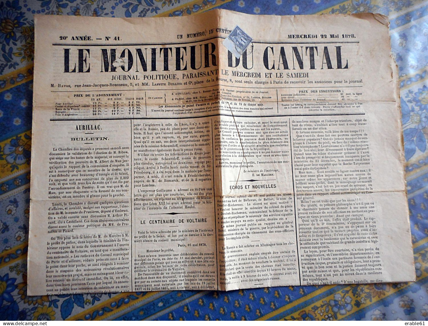 1C BLEU ENCRE REPUBLIQUE FRANCAISE TYPE SAGE  AURILLAC Sur Journal LE MONITEUR DU CANTAL Du 22 MAI 1878 - Journaux