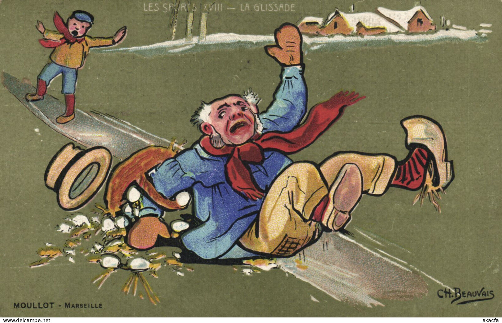 PC ARTIST SIGNED, CH. BEAUVAIS, SPORTS, LA GLISSADE, Vintage Postcard (b52200) - Beauvais