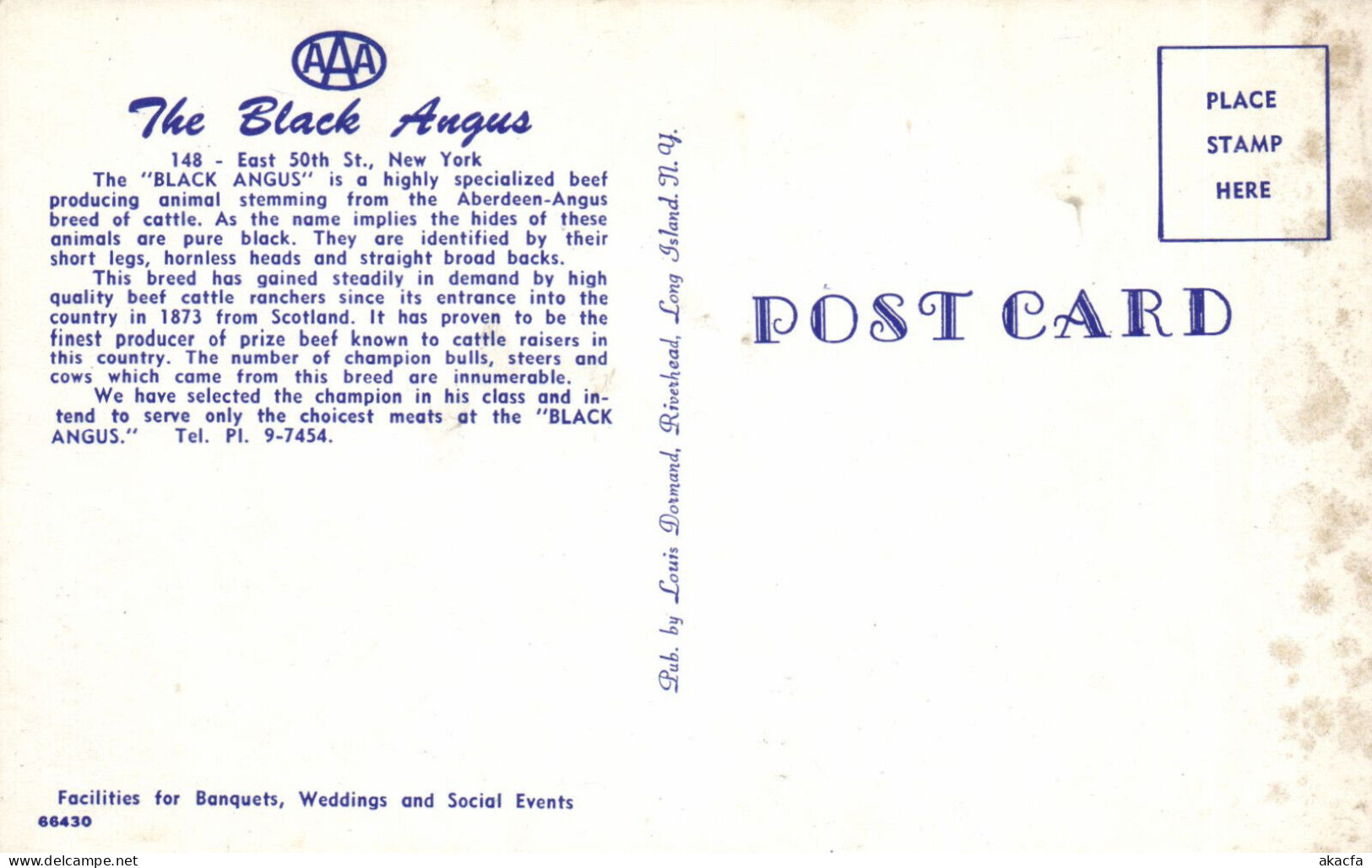 PC US, THE BLACK ANGUS RESTAURANT, NEW YORK, NY, MODERN Postcard (b52403) - Cafés, Hôtels & Restaurants