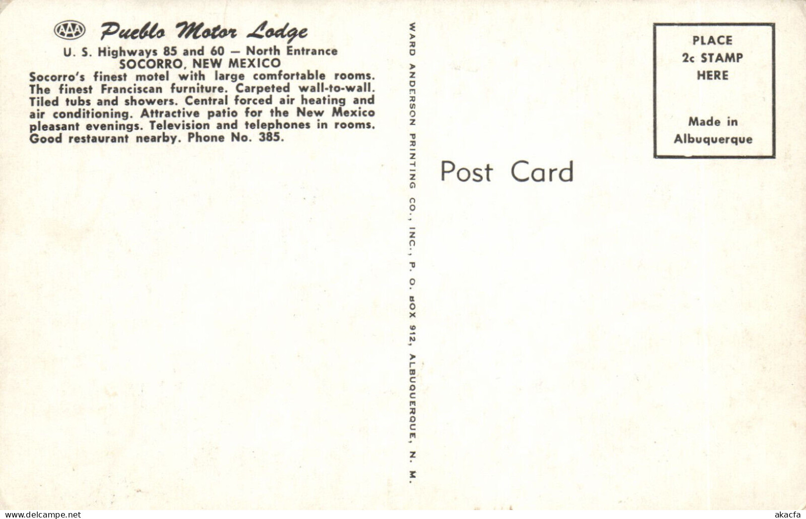 PC US, PUEBLO MOTOR LODGE, SOCORRO, NEW MEXICO, MODERN Postcard (b52378) - Andere & Zonder Classificatie