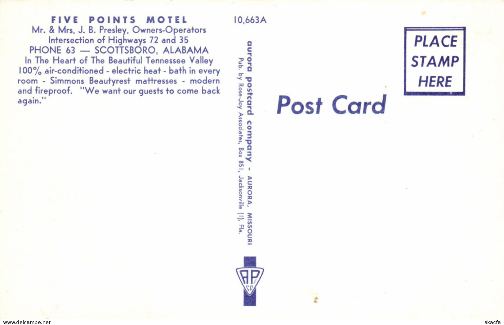 PC US, FIVE POINTS MOTEL, SCOTTSBORO, ALABAMA, MODERN Postcard (b52370) - Otros & Sin Clasificación