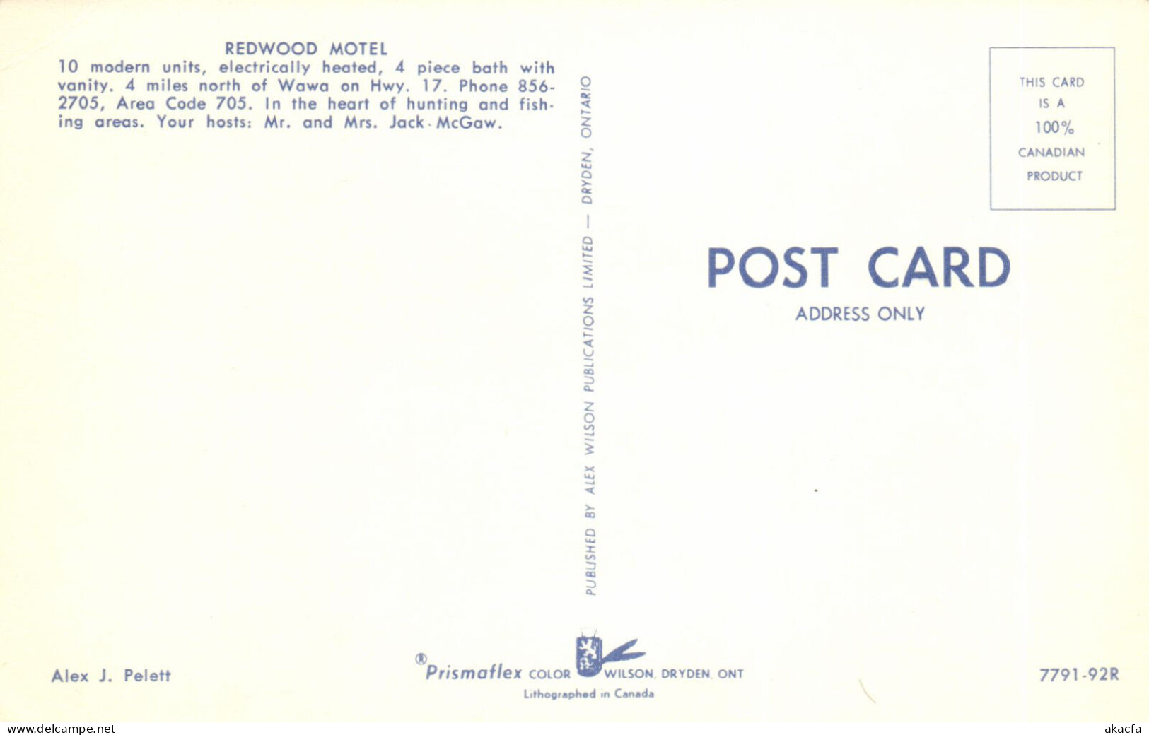 PC CANADA, REDWOOD MOTEL, ONTARIO, MODERN Postcard (b52364) - Other & Unclassified
