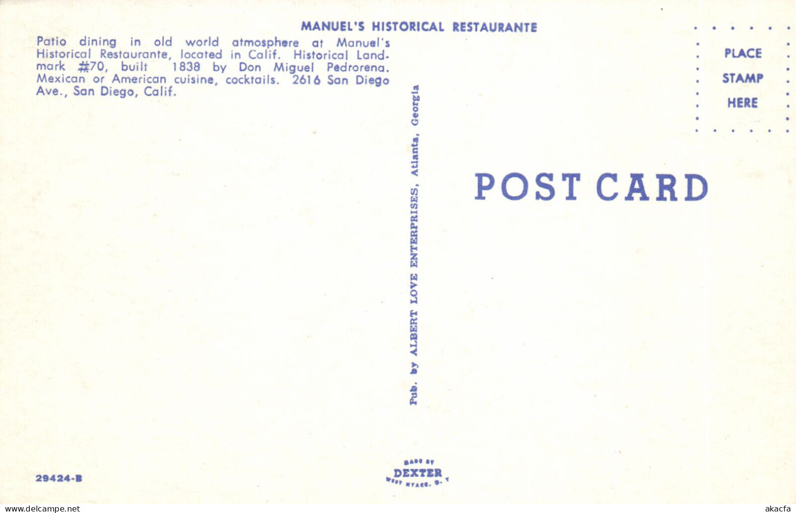 PC US, MANUEL'S HISTORICAL RESTAURANTE, SAN DIEGO, CA, MODERN Postcard (b52356) - San Diego