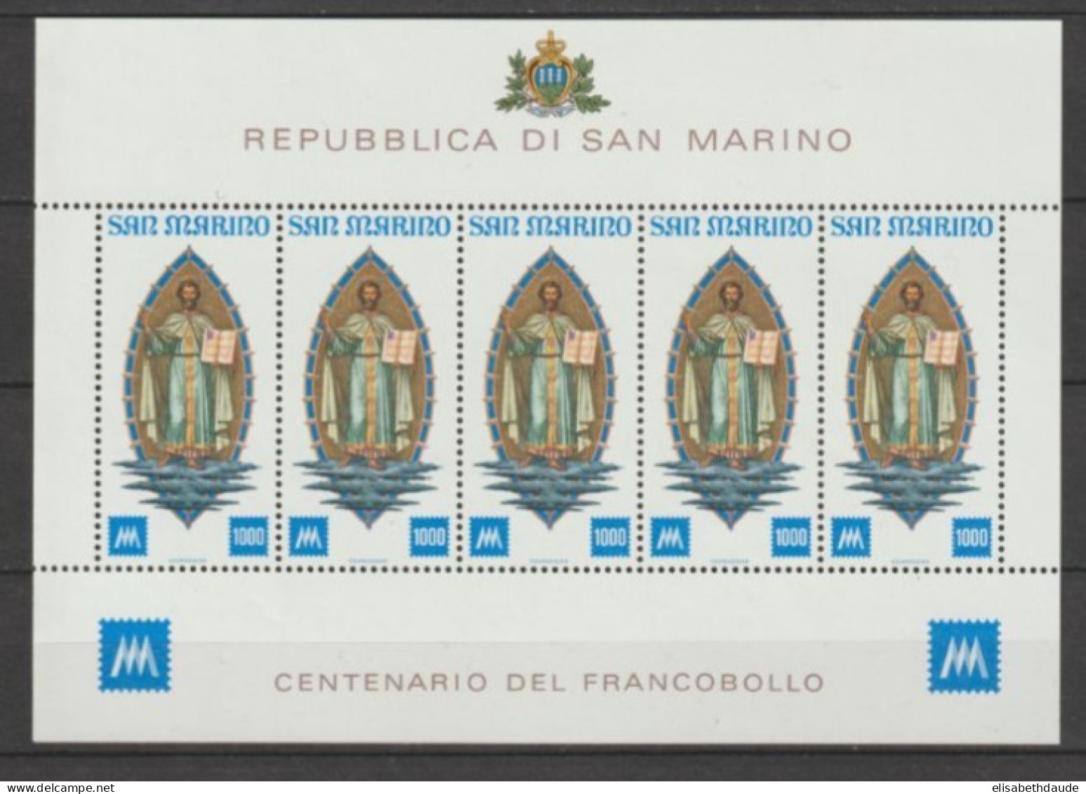 SAN MARINO - 1977 - LIVRAISON GRATUITE A PARTIR DE 5 EUR D'ACHAT - CENTENAIRE TIMBRE - FEUILLET YVERT N°949 ** MNH - Blocks & Sheetlets