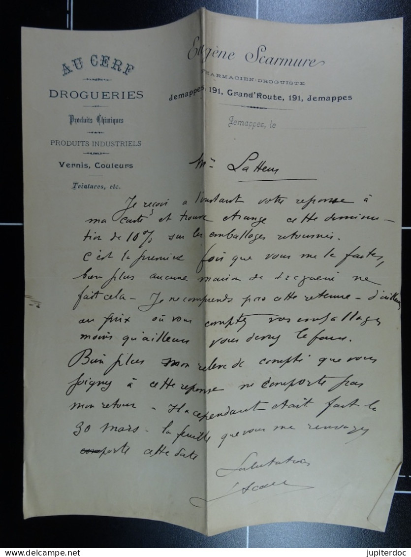 Au Cerf Drogueries Eugène Scarmure Pharmacien Droguiste Jemappes  /30/ - Droguerie & Parfumerie