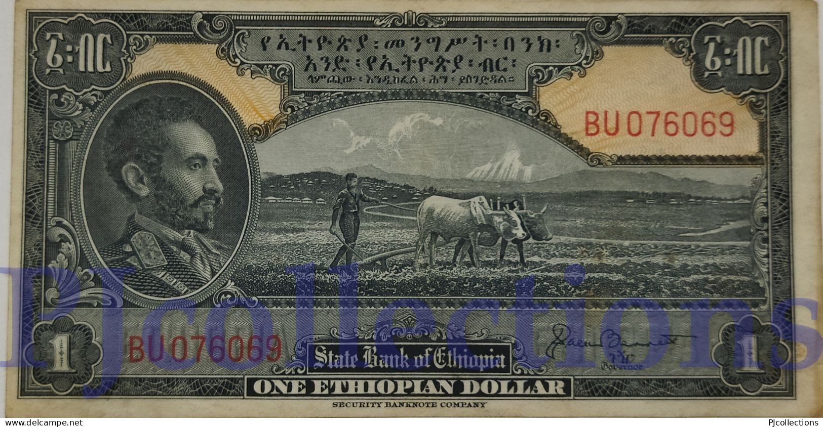 ETHIOPIA 1 DOLLAR 1945 PICK 12b AU+ W/LIGHT STAINS - Ethiopia