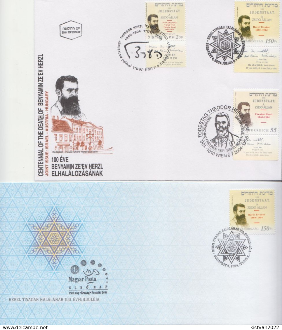 Theodor Herzl Joint Issues On 6 FDCs From Hungary, Israel And Austria - Joodse Geloof