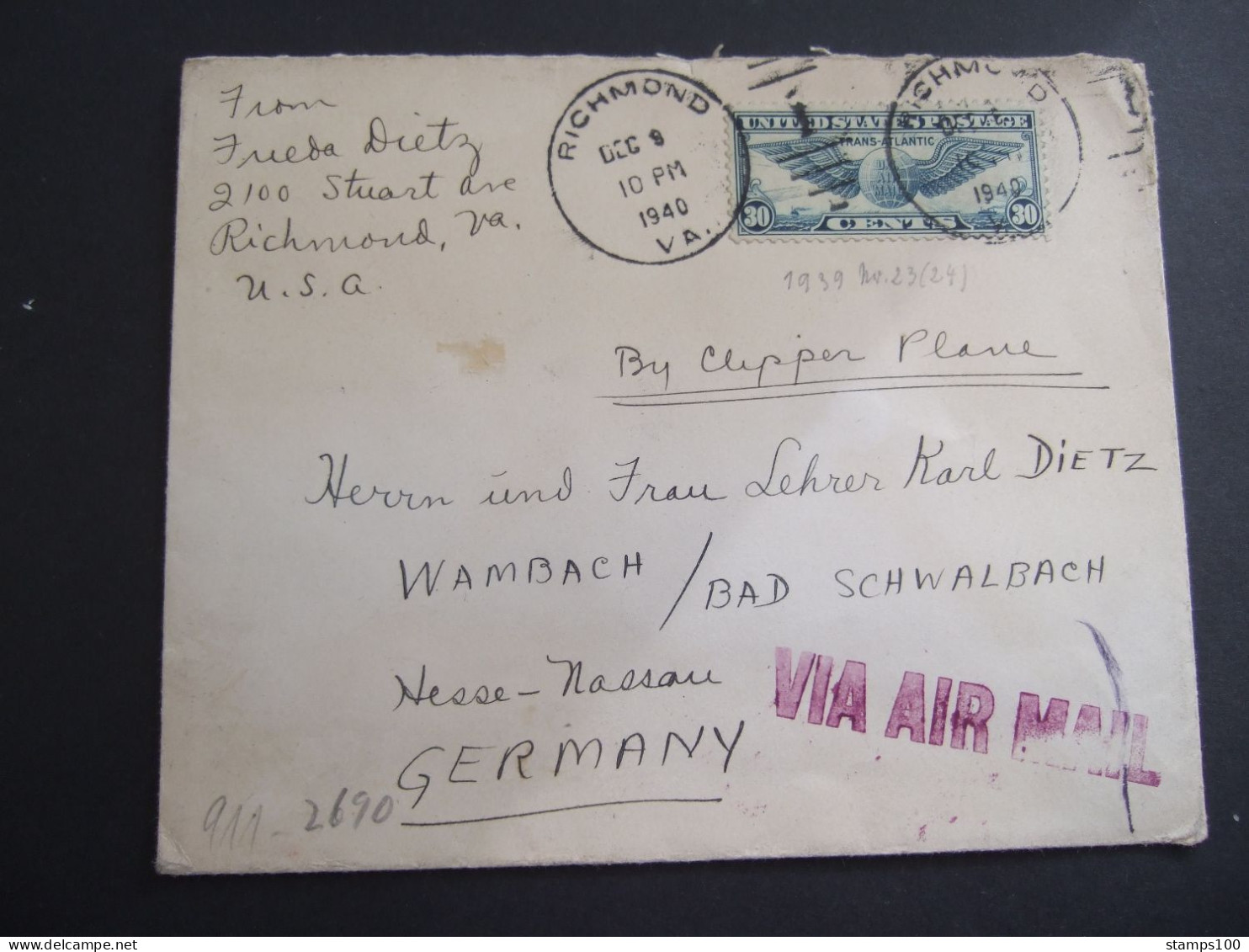 USA BY CLIPPER PLANE FROM RICHMOND TO HESSE NASSAU GERMANY. Letter Opened By OBERCOMMANDO DER WEHRMACHT (P42) - 1c. 1918-1940 Lettres